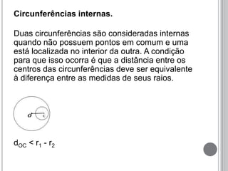 Circunferências internas.
Duas circunferências são consideradas internas
quando não possuem pontos em comum e uma
está localizada no interior da outra. A condição
para que isso ocorra é que a distância entre os
centros das circunferências deve ser equivalente
à diferença entre as medidas de seus raios.
dOC < r1 - r2
 