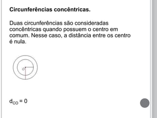 Circunferências concêntricas.
Duas circunferências são consideradas
concêntricas quando possuem o centro em
comum. Nesse caso, a distância entre os centro
é nula.
dCO = 0
 