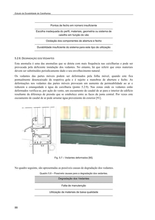 Estudo da Durabilidade de Caixilharias 
88 
Pontos de fecho em número insuficiente 
Escolha inadequada do perfil, materiais, geometria ou sistema de 
caixilho em função do vão 
Oxidação dos componentes de abertura e fecho 
Durabilidade insuficiente do sistema para este tipo de utilização 
5.2.8. DEGRADAÇÃO DOS VEDANTES 
Esta anomalia é uma das anomalias que se deteta com mais frequência nas caixilharias e pode ser 
provocada pela deficiente instalação dos vedantes. No entanto, há que referir que estes materiais 
devem ser substituídos periodicamente dado o seu envelhecimento natural. 
Os vedantes das partes móveis podem ser deformados pela folha móvel, quando este fica 
pontualmente desencaixado da respetiva gola e é sujeito a manobras de abertura e fecho. As 
deformações nos vedantes das partes móveis provocam um aumento da permeabilidade ao ar e 
reduzem a estanquidade à água da caixilharia (ponto 5.2.9). Nas zonas onde os vedantes estão 
deformados verifica-se, por ação do vento, um escoamento de caudal de ar para o interior do edifício 
resultante da diferença de pressão que se estabelece entre as faces da junta central. Por vezes este 
escoamento de caudal de ar pode arrastar água proveniente do exterior [91]. 
Fig. 5.7 – Vedantes deformados [90]. 
No quadro seguinte, são apresentadas as possíveis causas de degradação dos vedantes. 
Quadro 5.8 – Possíveis causas para a degradação dos vedantes. 
Degradação dos Vedantes 
Falta de manutenção 
Utilização de materiais de baixa qualidade 
 