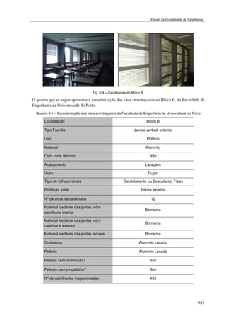 Estudo da Durabilidade de Caixilharias 
101 
Fig. 6.4 – Caixilharias do Bloco B. 
O quadro que se segue apresenta a caracterização dos vãos envidraçados do Bloco B, da Faculdade de 
Engenharia da Universidade do Porto. 
Quadro 6.1 – Caracterização dos vãos envidraçados da Faculdade de Engenharia da Universidade do Porto 
Localização Bloco B 
Tipo Família Janela vertical exterior 
Uso Público 
Material Alumínio 
Com corte térmico Não 
Acabamento Lacagem 
Vidro Duplo 
Tipo de folhas móveis Oscilobatente ou Basculante, Fixas 
Proteção solar Estore exterior 
Nº de anos da caixilharia 12 
Material Vedante das juntas vidro 
Borracha 
caixilharia interior 
Material Vedante das juntas vidro 
caixilharia exterior 
Borracha 
Material Vedante das juntas móveis Borracha 
Ombreiras Alumínio Lacado 
Peitoris Alumínio Lacado 
Peitoris com inclinação? Sim 
Peitoris com pingadeira? Sim 
Nº de caixilharias inspecionadas 433 
 