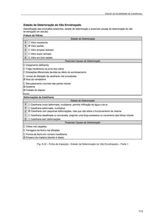 Estudo da Durabilidade de Caixilharias 
113 
Fig. 6.22 – Ficha de Inspeção - Estado de Deterioração do Vão Envidraçado – Parte 1 
 