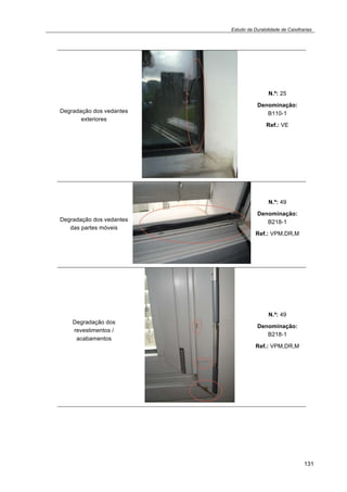 Estudo da Durabilidade de Caixilharias 
131 
Degradação dos vedantes 
exteriores 
N.º: 25 
Denominação: 
B110-1 
Ref.: VE 
Degradação dos vedantes 
das partes móveis 
N.º: 49 
Denominação: 
B218-1 
Ref.: VPM,DR,M 
Degradação dos 
revestimentos / 
acabamentos 
N.º: 49 
Denominação: 
B218-1 
Ref.: VPM,DR,M 
 