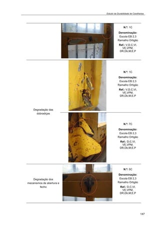 Estudo da Durabilidade de Caixilharias 
147 
N.º: 1C 
Denominação: 
Escola EB 2,3 
Ramalho Ortigão 
Ref.: V,D,C,VI, 
VE,VPM, 
DR,Db,M,E,P 
Degradação das 
dobradiças 
N.º: 1C 
Denominação: 
Escola EB 2,3 
Ramalho Ortigão 
Ref.: V,D,C,VI, 
VE,VPM, 
DR,Db,M,E,P 
N.º: 7C 
Denominação: 
Escola EB 2,3 
Ramalho Ortigão 
Ref.: D,C,VI, 
VE,VPM, 
DR,Db,M,E,P 
Degradação dos 
mecanismos de abertura e 
fecho 
N.º: 5C 
Denominação: 
Escola EB 2,3 
Ramalho Ortigão 
Ref.: D,C,VI, 
VE,VPM, 
DR,Db,M,E,P 
 