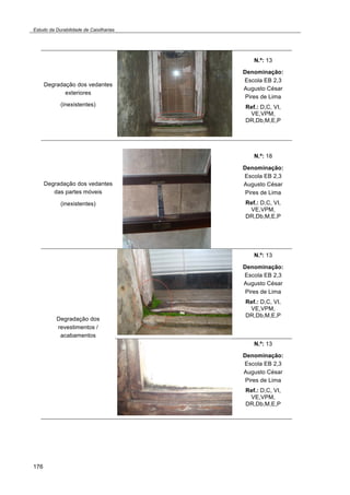 Estudo da Durabilidade de Caixilharias 
176 
Degradação dos vedantes 
exteriores 
(inexistentes) 
N.º: 13 
Denominação: 
Escola EB 2,3 
Augusto César 
Pires de Lima 
Ref.: D,C, VI, 
VE,VPM, 
DR,Db,M,E,P 
Degradação dos vedantes 
das partes móveis 
(inexistentes) 
N.º: 18 
Denominação: 
Escola EB 2,3 
Augusto César 
Pires de Lima 
Ref.: D,C, VI, 
VE,VPM, 
DR,Db,M,E,P 
Degradação dos 
revestimentos / 
acabamentos 
N.º: 13 
Denominação: 
Escola EB 2,3 
Augusto César 
Pires de Lima 
Ref.: D,C, VI, 
VE,VPM, 
DR,Db,M,E,P 
N.º: 13 
Denominação: 
Escola EB 2,3 
Augusto César 
Pires de Lima 
Ref.: D,C, VI, 
VE,VPM, 
DR,Db,M,E,P 
 