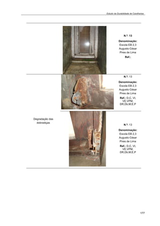 Estudo da Durabilidade de Caixilharias 
177 
N.º: 13 
Denominação: 
Escola EB 2,3 
Augusto César 
Pires de Lima 
Ref.: 
Degradação das 
dobradiças 
N.º: 13 
Denominação: 
Escola EB 2,3 
Augusto César 
Pires de Lima 
Ref.: D,C, VI, 
VE,VPM, 
DR,Db,M,E,P 
N.º: 13 
Denominação: 
Escola EB 2,3 
Augusto César 
Pires de Lima 
Ref.: D,C, VI, 
VE,VPM, 
DR,Db,M,E,P 
 