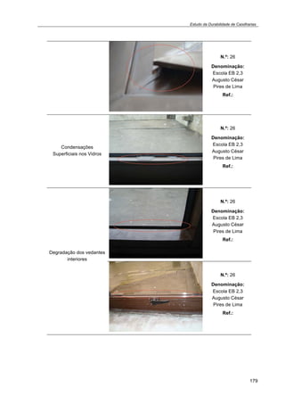 Estudo da Durabilidade de Caixilharias 
179 
N.º: 26 
Denominação: 
Escola EB 2,3 
Augusto César 
Pires de Lima 
Ref.: 
Condensações 
Superficiais nos Vidros 
N.º: 26 
Denominação: 
Escola EB 2,3 
Augusto César 
Pires de Lima 
Ref.: 
Degradação dos vedantes 
interiores 
N.º: 26 
Denominação: 
Escola EB 2,3 
Augusto César 
Pires de Lima 
Ref.: 
N.º: 26 
Denominação: 
Escola EB 2,3 
Augusto César 
Pires de Lima 
Ref.: 
 