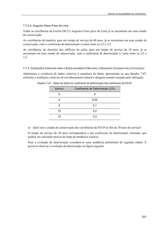Estudo da Durabilidade de Caixilharias 
7.7.2.4. Augusto César Pires de Lima 
Todas as caixilharias da Escola EB 2,3 Augusto César pires de Lima já se encontram em mau estado 
de conservação. 
As caixilharias de madeira, para um tempo de serviço de 40 anos, já se encontram em mau estado de 
conservação, com o coeficiente de deterioração a variar entre os 2,5 e 3,5. 
As caixilharias de alumínio dos edifícios de aulas, para um tempo de serviço de 10 anos, já se 
encontram em mau estado de conservação, com o coeficiente de deterioração a variar entre os 2,5 e 
3,5. 
7.7.3. CONDIÇÕES VARIÁVEIS PARA O ENVELHECIMENTO NATURAL E DESGASTE CAUSADO PELA UTILIZAÇÃO 
Admitamos a existência de dados relativos à sequência de dados apresentada no que Quadro 7.47, 
referente a condições variáveis de envelhecimento natural e desgaste normal causado pela utilização. 
201 
Quadro 7.47 – Base de dados do coeficiente de deterioração das caixilharias da FEUP. 
t(anos) Coeficiente de Deterioração (CD) 
0 0 
4 0,05 
6 0,1 
10 0,2 
12 0,3 
a) Qual será o estado de conservação das caixilharias da FEUP ao fim de 30 anos de serviço? 
O tempo de serviço de 30 anos corresponderá a um coeficiente de deterioração estimado, que 
poderá ser calculado através da linha de tendência variável. 
Para a evolução da deterioração considera-se uma tendência polinomial de segunda ordem. É 
possível observar a evolução da deterioração na figura seguinte. 
 