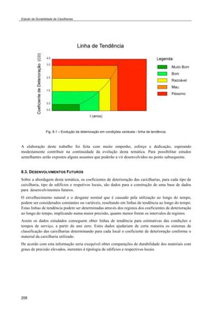 Estudo da Durabilidade de Caixilharias 
206 
Fig. 8.1 – Evolução da deterioração em condições variáveis - linha de tendência. 
A elaboração deste trabalho foi feita com muito empenho, esforço e dedicação, esperando 
modestamente contribuir na continuidade da evolução desta temática. Para possibilitar estudos 
semelhantes serão expostos alguns assuntos que poderão a vir desenvolvidos no ponto subsequente. 
8.3. DESENVOLVIMENTOS FUTUROS 
Sobre a abordagem desta temática, os coeficientes de deterioração das caixilharias, para cada tipo de 
caixilharia, tipo de edifícios e respetivos locais, são dados para a construção de uma base de dados 
para desenvolvimentos futuros. 
O envelhecimento natural e o desgaste normal que é causado pela utilização ao longo do tempo, 
podem ser considerados constantes ou variáveis, resultando em linhas de tendência ao longo do tempo. 
Estas linhas de tendência podem ser determinadas através dos registos dos coeficientes de deterioração 
ao longo do tempo, implicando numa maior precisão, quanto menor forem os intervalos de registos. 
Assim os dados estudados conseguem obter linhas de tendência para estimativas das condições e 
tempos de serviço, a partir do ano zero. Estes dados ajudariam de certa maneira os sistemas de 
classificação das caixilharias determinando para cada local o coeficiente de deterioração conforme o 
material da caixilharia utilizado. 
De acordo com esta informação seria exequível obter comparações de durabilidade dos materiais com 
graus de precisão elevados, inerentes à tipologia de edifícios e respectivos locais. 
 
