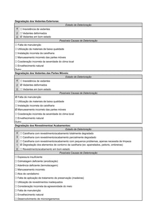 4 
2 
0 
! Manuseamento incorreto das partes móveis 
! Cosideração incorreta da severidade do clima local 
! Envelhecimento natural 
Outro:_______________________________________________________________________________________ 
Degradação dos Vedantes das Partes Móveis: 
4 
2 
0 
! Manuseamento incorreto das partes móveis 
! Cosideração incorreta da severidade do clima local 
! Envelhecimento natural 
Outro:_______________________________________________________________________________________ 
Degradação dos Revestimentos/ Acabamentos: 
! Caixilharia com revestimento/acabamento totalmente degradado 
! Caixilharia com revestimento/acabamento parcialmente degradado 
! Caixilharia com revestimento/acabamento com pequenos problemas, apenas necessita de limpeza 
! Degradação dos elementos de contorno da caxilharia (ex: apainelados, peitoris, ombreiras) 
! Revestimento/acabamento em bom estado 
4 
3 
2 
1 
0 
! Espessura insuficiente 
! Colmatagem deficiente (anodização) 
! Aderência deficiente (termolacagem) 
! Manuseamento incorreto 
! Atos de vandalismo 
! Utilização de revestimentos inadequados 
! Consideração incorreta da agressividade do meio 
! Falta de manutenção 
! Desenvolvimento de microorganismos 
! Falta de aplicação de tratamento de preservação (madeiras) 
! Envelhecimento natural 
Possíveis Causas de Deterioração 
Degradação dos Vedantes Exteriores: 
Estado de Deterioração 
! Inexistência de vedantes 
! Vedantes deformados 
! Vedantes em bom estado 
! Instalação incorreta da caixilharia 
Possíveis Causas de Deterioração 
! Falta de manutenção 
! Utilização de materiais de baixa qualidade 
! Instalação incorreta da caixilharia 
Estado de Deterioração 
! Inexistência de vedantes 
! Vedantes deformados 
! Vedantes em bom estado 
Possíveis Causas de Deterioração 
! Falta de manutenção 
! Utilização de materiais de baixa qualidade 
Estado de Deterioração 
 