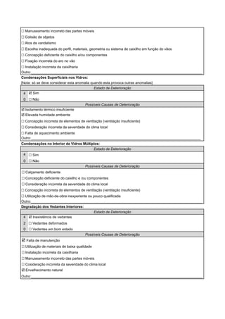 ! Manuseamento incorreto das partes móveis 
! Colisão de objetos 
! Atos de vandalismo 
! Escolha inadequada do perfil, materiais, geometria ou sistema de caixilho em função do vãos 
! Concepção deficiente do caixilho e/ou componentes 
! Fixação incorreta do aro no vão 
! Instalação incorreta da caixilharia 
Outro:_______________________________________________________________________________________ 
Condensações Superficiais nos Vidros: 
[Nota: só se deve considerar esta anomalia quando esta provoca outras anomalias] 
4 
0 
! Sim 
! Não 
Estado de Deterioração 
Possíveis Causas de Deterioração 
! Isolamento térmico insuficiente 
! Elevada humidade ambiente 
! Concepção incorreta de elementos de ventilação (ventilação insuficiente) 
! Consideração incorreta da severidade do clima local 
! Falta de aquecimento ambiente 
Outro:______________________________________________________________________________________ 
Condensações no Interior de Vidros Múltiplos: 
4 
0 
! Sim 
! Não 
! Calçamento deficiente 
Estado de Deterioração 
Possíveis Causas de Deterioração 
! Concepção deficiente do caixilho e /ou componentes 
! Consideração incorreta da severidade do clima local 
! Concepção incorreta de elementos de ventilação (ventilação insuficiente) 
! Utilização de mão-de-obra inexperiente ou pouco qualificada 
Outro:_______________________________________________________________________________________ 
Degradação dos Vedantes Interiores: 
4 
2 
0 
Estado de Deterioração 
! Inexistência de vedantes 
! Vedantes deformados 
! Vedantes em bom estado 
Possíveis Causas de Deterioração 
! Falta de manutenção 
! Utilização de materiais de baixa qualidade 
! Instalação incorreta da caixilharia 
! Manuseamento incorreto das partes móveis 
! Cosideração incorreta da severidade do clima local 
! Envelhecimento natural 
Outro:_______________________________________________________________________________________ 
 