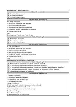 Degradação dos Vedantes Exteriores: 
4 
2 
0 
! Manuseamento incorreto das partes móveis 
! Cosideração incorreta da severidade do clima local 
! Envelhecimento natural 
Outro:_______________________________________________________________________________________ 
Degradação dos Vedantes das Partes Móveis: 
4 
2 
0 
! Manuseamento incorreto das partes móveis 
! Cosideração incorreta da severidade do clima local 
! Envelhecimento natural 
Outro:_______________________________________________________________________________________ 
Degradação dos Revestimentos/ Acabamentos: 
! Caixilharia com revestimento/acabamento totalmente degradado 
! Caixilharia com revestimento/acabamento parcialmente degradado 
! Caixilharia com revestimento/acabamento com pequenos problemas, apenas necessita de limpeza 
! Degradação dos elementos de contorno da caxilharia (ex: apainelados, peitoris, ombreiras) 
! Revestimento/acabamento em bom estado 
4 
3 
2 
1 
0 
! Espessura insuficiente 
! Colmatagem deficiente (anodização) 
! Manuseamento incorreto 
! Aderência deficiente (termolacagem) 
! Atos de vandalismo 
Possíveis Causas de Deterioração 
! Falta de aplicação de tratamento de preservação (madeiras) 
! Utilização de revestimentos inadequados 
! Consideração incorreta da agressividade do meio 
! Falta de manutenção 
! Envelhecimento natural 
! Desenvolvimento de microorganismos 
Estado de Conservação 
! Inexistência de vedantes 
! Vedantes deformados 
! Vedantes em bom estado 
! Instalação incorreta da caixilharia 
Possíveis Causas de Deterioração 
! Falta de manutenção 
! Utilização de materiais de baixa qualidade 
! Instalação incorreta da caixilharia 
Estado de Deterioração 
! Inexistência de vedantes 
! Vedantes deformados 
! Vedantes em bom estado 
Possíveis Causas de Deterioração 
! Falta de manutenção 
! Utilização de materiais de baixa qualidade 
Estado de Deterioração 
 