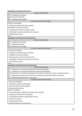 Degradação dos Vedantes Exteriores: 
! Cosideração incorreta da severidade do clima local 
! Envelhecimento natural 
Outro:_______________________________________________________________________________________ 
Degradação dos Vedantes das Partes Móveis: 
! Manuseamento incorreto das partes móveis 
! Cosideração incorreta da severidade do clima local 
! Envelhecimento natural 
Outro:_______________________________________________________________________________________ 
Degradação dos Revestimentos/ Acabamentos: 
!"# 
4 
2 
0 
Possíveis Causas de Deterioração 
! Manuseamento incorreto das partes móveis 
4 
2 
0 
4 
3 
2 
1 
0 
Estado de Deterioração 
! Falta de manutenção 
! Utilização de materiais de baixa qualidade 
! Instalação incorreta da caixilharia 
Estado de Deterioração 
! Inexistência de vedantes 
! Vedantes deformados 
! Vedantes em bom estado 
Possíveis Causas de Deterioração 
! Falta de manutenção 
! Utilização de materiais de baixa qualidade 
Estado de Deterioração 
! Inexistência de vedantes 
! Vedantes deformados 
! Vedantes em bom estado 
! Instalação incorreta da caixilharia 
! Caixilharia com revestimento/acabamento totalmente degradado 
! Caixilharia com revestimento/acabamento parcialmente degradado 
! Caixilharia com revestimento/acabamento com pequenos problemas, apenas necessita de limpeza 
! Degradação dos elementos de contorno da caxilharia (ex: apainelados, peitoris, ombreiras) 
! Revestimento/acabamento em bom estado 
Possíveis Causas de Deterioração 
! Espessura insuficiente 
! Colmatagem deficiente (anodização) 
! Aderência deficiente (termolacagem) 
! Manuseamento incorreto 
! Atos de vandalismo 
! Falta de aplicação de tratamento de preservação (madeiras) 
! Utilização de revestimentos inadequados 
! Consideração incorreta da agressividade do meio 
! Falta de manutenção 
! Envelhecimento natural 
! Desenvolvimento de microorganismos 
 