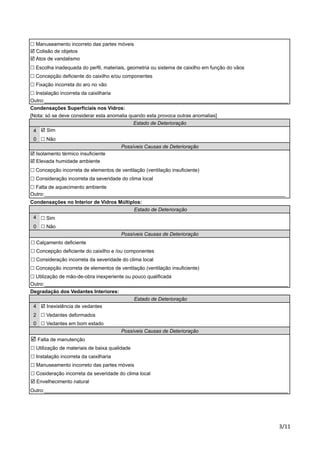 ! Manuseamento incorreto das partes móveis 
! Colisão de objetos 
! Atos de vandalismo 
! Escolha inadequada do perfil, materiais, geometria ou sistema de caixilho em função do vãos 
! Concepção deficiente do caixilho e/ou componentes 
! Fixação incorreta do aro no vão 
! Instalação incorreta da caixilharia 
Outro:_______________________________________________________________________________________ 
Condensações Superficiais nos Vidros: 
! Sim 
! Não 
Estado de Deterioração 
Possíveis Causas de Deterioração 
! Isolamento térmico insuficiente 
! Elevada humidade ambiente 
! Concepção incorreta de elementos de ventilação (ventilação insuficiente) 
! Consideração incorreta da severidade do clima local 
! Falta de aquecimento ambiente 
Outro:______________________________________________________________________________________ 
Condensações no Interior de Vidros Múltiplos: 
! Sim 
! Não 
Estado de Deterioração 
Possíveis Causas de Deterioração 
! Concepção deficiente do caixilho e /ou componentes 
! Consideração incorreta da severidade do clima local 
! Concepção incorreta de elementos de ventilação (ventilação insuficiente) 
! Utilização de mão-de-obra inexperiente ou pouco qualificada 
Outro:_______________________________________________________________________________________ 
!"## 
[Nota: só se deve considerar esta anomalia quando esta provoca outras anomalias] 
4 
0 
4 
0 
! Calçamento deficiente 
Degradação dos Vedantes Interiores: 
4 
2 
0 
Estado de Deterioração 
! Inexistência de vedantes 
! Vedantes deformados 
! Vedantes em bom estado 
Possíveis Causas de Deterioração 
! Falta de manutenção 
! Utilização de materiais de baixa qualidade 
! Instalação incorreta da caixilharia 
! Manuseamento incorreto das partes móveis 
! Cosideração incorreta da severidade do clima local 
! Envelhecimento natural 
Outro:_______________________________________________________________________________________ 
 