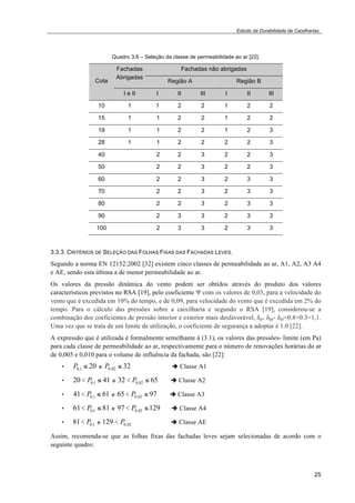 Estudo da Durabilidade de Caixilharias 
25 
Quadro 3.6 – Seleção da classe de permeabilidade ao ar [22]. 
Cota 
Fachadas 
Abrigadas 
Fachadas não abrigadas 
Região A Região B 
I e II I II III I II III 
10 1 1 2 2 1 2 2 
15 1 1 2 2 1 2 2 
18 1 1 2 2 1 2 3 
28 1 1 2 2 2 2 3 
40 2 2 3 2 2 3 
50 2 2 3 2 2 3 
60 2 2 3 2 3 3 
70 2 2 3 2 3 3 
80 2 2 3 2 3 3 
90 2 3 3 2 3 3 
100 2 3 3 2 3 3 
3.3.3. CRITÉRIOS DE SELEÇÃO DAS FOLHAS FIXAS DAS FACHADAS LEVES. 
Segundo a norma EN 12152:2002 [32] existem cinco classes de permeabilidade ao ar, A1, A2, A3 A4 
e AE, sendo esta última a de menor permeabilidade ao ar. 
Os valores da pressão dinâmica do vento podem ser obtidos através do produto dos valores 
característicos previstos no RSA [19], pelo coeficiente ! com os valores de 0,03, para a velocidade do 
vento que é excedida em 10% do tempo, e de 0,09, para velocidade do vento que é excedida em 2% do 
tempo. Para o cálculo das pressões sobre a caixilharia e segundo o RSA [19], considerou-se a 
combinação dos coeficientes de pressão interior e exterior mais desfavorável, "p= "pe- "pi=0.8+0.3=1,1. 
Uma vez que se trata de um limite de utilização, o coeficiente de segurança a adoptar é 1.0 [22]. 
A expressão que é utilizada é formalmente semelhante à (3.1), os valores das pressões- limite (em Pa) 
para cada classe de permeabilidade ao ar, respectivamente para o número de renovações horárias do ar 
de 0,005 e 0,010 para o volume de influência da fachada, são [22]: 
• P0,1 ! 20 e P0,02 ! 32 ! Classe A1 
• 20 < P0,1 ! 41 e 32 < P0,02 ! 65 ! Classe A2 
• 41< P0,1 ! 61 e 65 < P0,02 ! 97 ! Classe A3 
• 61< P0,1 ! 81 e 97 < P0,02 !129 ! Classe A4 
• 81< P0,1 e 129 < P0,02 ! Classe AE 
Assim, recomenda-se que as folhas fixas das fachadas leves sejam selecionadas de acordo com o 
seguinte quadro: 
 