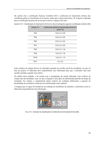 Estudo da Durabilidade de Caixilharias 
De acordo com a certificação francesa Acotherm [45] o coeficiente de transmissão térmica das 
caixilharias pode ser classificado em 8 classes, sendo que a classe mais baixa, Th 4 apenas é aplicada 
para a certificação de portas de acesso pelo exterior a espaços não úteis. 
Quadro 3.12 – Classificação do desempenho térmico de vãos envidraçados segundo a certificação Acotherm [45] 
33 
Classe Th Coeficiente global de transmissão térmica U 
[W/m2ºC] 
Th4 3,5 ! U > 2,9 
Th5 2,9 ! U > 2,5 
Th6 2,5 ! U > 2,2 
Th7 2,2 ! U > 2,0 
Th8 2,0 ! U > 1,8 
Th9 1,8 ! U > 1,6 
Th10 1,6 ! U > 1,4 
Th11 U " 1,4 
Estes critérios de seleção devem ser utilizados aquando da escolha inicial da caixilharia, ou seja, na 
fase de projeto. O fabricante deve disponibilizar esta informação para que o utilizador faça uma 
escolha acertada, segundo este critério. 
No âmbito deste trabalho, e de acordo com a metodologia de estudo elaborada, estes critérios de 
seleção não são abordados, uma vez que a inspeção é feita após um determinado período de tempo da 
instalação. No entanto, o cumprimento destes critérios de avaliação influenciam a garantia de 
durabilidade da caixilharia, sendo por isso referenciados neste capítulo. 
A imagem que se segue foi retirada de um catálogo de caixilharias de alumínio, e demonstra como os 
fabricantes disponibilizam esta informação. 
Fig. 3.10 – Exemplo da classificação do coeficiente de transmissão térmica [95]. 
 