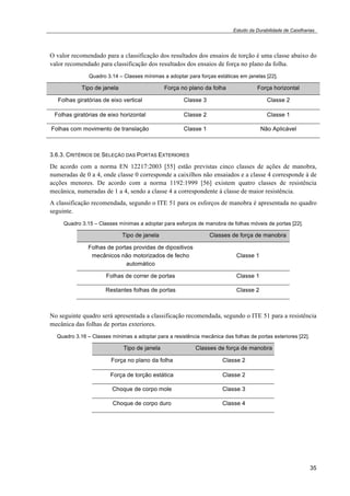 Estudo da Durabilidade de Caixilharias 
O valor recomendado para a classificação dos resultados dos ensaios de torção é uma classe abaixo do 
valor recomendado para classificação dos resultados dos ensaios de força no plano da folha. 
35 
Quadro 3.14 – Classes mínimas a adoptar para forças estáticas em janelas [22]. 
Tipo de janela Força no plano da folha Força horizontal 
Folhas giratórias de eixo vertical Classe 3 Classe 2 
Folhas giratórias de eixo horizontal Classe 2 Classe 1 
Folhas com movimento de translação Classe 1 Não Aplicável 
3.6.3. CRITÉRIOS DE SELEÇÃO DAS PORTAS EXTERIORES 
De acordo com a norma EN 12217:2003 [55] estão previstas cinco classes de ações de manobra, 
numeradas de 0 a 4, onde classe 0 corresponde a caixilhos não ensaiados e a classe 4 corresponde à de 
acções menores. De acordo com a norma 1192:1999 [56] existem quatro classes de resistência 
mecânica, numeradas de 1 a 4, sendo a classe 4 a correspondente à classe de maior resistência. 
A classificação recomendada, segundo o ITE 51 para os esforços de manobra é apresentada no quadro 
seguinte. 
Quadro 3.15 – Classes mínimas a adoptar para esforços de manobra de folhas móveis de portas [22]. 
Tipo de janela Classes de força de manobra 
Folhas de portas providas de dipositivos 
mecânicos não motorizados de fecho 
automático 
Classe 1 
Folhas de correr de portas Classe 1 
Restantes folhas de portas Classe 2 
No seguinte quadro será apresentada a classificação recomendada, segundo o ITE 51 para a resistência 
mecânica das folhas de portas exteriores. 
Quadro 3.16 – Classes mínimas a adoptar para a resistência mecânica das folhas de portas exteriores [22]. 
Tipo de janela Classes de força de manobra 
Força no plano da folha Classe 2 
Força de torção estática Classe 2 
Choque de corpo mole Classe 3 
Choque de corpo duro Classe 4 
 