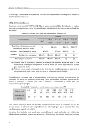Estudo da Durabilidade de Caixilharias 
O caudal-tipo é determinado de acordo com o volume dos compartimentos e as respetivas exigências 
mínimas de renovação do ar. 
3.10.2. CRITÉRIOS DE SELEÇÃO 
De acordo com a norma NP 1037-1:2002 [72], no quadro seguinte (3.20), são indicados os caudais 
tipos que os compartimentos em serviço, considerados individualmente devem respeitar em função do 
seu volume. 
44 
Quadro 3.21 – Caudais tipo a extrair nos compartimentos em serviço [72]. 
Compartimento 
Volume 
" 8 m3 > 8 m3 
" 11 m3 
> 11 m3 
" 15 m3 
> 15 m3 
" 22 m3 
> 22 m3 
" 30 m3 
Cozinha e outros espaços para a 
instalação de aparelhos a gás. 
(1) 60 m3/h 90 m3/h 120 m3/h 
Instalação 
Sanitária 
Com banheira ou duche 45 m3/h 60 m3/h 90 m3/h (2) 
Sem banheira nem duche 30 m3/h 45 m3/h 60 m3/h (2) (2) 
Espaços para lavandaria 30 m3/h 45 m3/h 60 m3/h (2) (2) 
(1) Volumes para os quais não é permitida a instalação de aparelhos a gás dos tipos A. Esta 
montagem é permita para os aparelhos do tipo B desde que o local seja destinado apenas 
para alojamento deste 
(2) Volumes pouco usuais em compartimentos deste tipo em relação aos quais se recomenda o 
dimensionamento caso a caso tendo em conta as exigências acima referidas. 
Os caudais-tipo a respeitar para os compartimentos principais que integram o mesmo sector de 
ventilação, em função do respectivo volume total, estão representados no quadro seguinte (3.21). 
Quando a ventilação é conjunta para toda a habitação é considerado o volume total dos 
compartimentos principais [72]. 
Quadro 3.22 – Caudais-tipo a admitir nos compartimentos principais [72]. 
Volume (m3) 
" 30 >30 
"60 
>60 
"90 
>90 
"120 
>120 
"150 
>150 
"180 
>180 
"210 
>210 
"240 
Caudal-Tipo 
(m3/h) 
30 60 90 120 150 180 210 240 
Estes critérios de seleção devem ser utilizados aquando da escolha inicial da caixilharia, ou seja, na 
fase de projeto. O fabricante deve disponibilizar esta informação para que o utilizador faça uma 
escolha acertada, segundo este critério. 
No âmbito deste trabalho, e de acordo com a metodologia de estudo elaborada, estes critérios de 
seleção não são abordados, uma vez que a inspeção é feita após um determinado período de tempo da 
 
