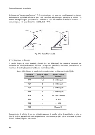 Estudo da Durabilidade de Caixilharias 
designada por “passagem de homem”. O elemento resiste a este teste, nas condições estabelecidas, até 
ao número de repetições necessárias para criar a abertura designada por “passagem de homem”. O 
número de impactos para que se realize a abertura 40 x 40 cm determina a classe de resitência. As 
classes segundo este teste são definas em P6B, P7B e P8B. 
46 
Fig. 3.15 – Teste Machado [62]. 
3.11.2. CRITÉRIOS DE SELEÇÃO 
A escolha do tipo de vidro, para esta exigência deve ser feita através das classes de resistência que 
resultaram dos testes anteriormente descritos. De seguida é apresentado um quadro com as classes de 
resistência de protecção contra o vandalismo e intrusão do vidro. 
Quadro 3.23 – Classes de resistência de proteção contra o vandalismo e intrusão [37,62]. 
Classe de 
Resistência 
Altura de queda 
[m] 
Número total de 
impactos 
P1A 1,5 3 em triângulo 
P2A 3 3 em triângulo 
P3A 6 3 em triângulo 
P4A 9 3 em triângulo 
P5A 9 3 x 3 em triângulo 
P6B - 30 A 50 
P7B - 51 A 70 
P8B - Mais de 70 
Estes critérios de seleção devem ser utilizados aquando da escolha inicial da caixilharia, ou seja, na 
fase de projeto. O fabricante deve disponibilizar esta informação para que o utilizador faça uma 
escolha acertada, segundo este critério. 
 