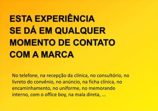 ESTA EXPERIÊNCIA
SE DÁ EM QUALQUER
MOMENTO DE CONTATO
COM A MARCA

No telefone, na recepção da clínica, no consultório, no
livreto do convênio, no anúncio, na ficha clínica, no
encaminhamento, no uniforme, no memorando
interno, com o office boy, na mala direta, ...
 