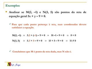 Prof. Jorge
Exemplos
 Analisar se M(2, –1) e N(3, 5) são pontos da reta de
equação geral 5x + y – 9 = 0.
⇒ 5.2 + (–1) – 9 = 0
 Para que cada ponto pertença à reta, suas coordenadas devem
satisfazer a equação.
M(2, –1) ⇒ 10 –1 – 9 = 0 ⇒ 0 = 0
⇒ 5.3 + 5 – 9 = 0N(3, 5) ⇒ 15 + 5 – 9 = 0 ⇒ 11 ≠ 0
 Concluímos que M é ponto da reta dada, mas N não é.
 
