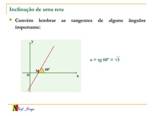 Prof. Jorge
Inclinação de uma reta
 Convém lembrar as tangentes de alguns ângulos
importante:
a = tg 60º = √3
x
y
O
60ºM
 