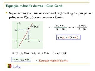 Prof. Jorge
Equação reduzida da reta – Caso Geral
 Suponhamos que uma reta r de inclinação a = tg α e que passe
pelo ponto P(xP, yP), como mostra a figura.
x
y
O
α
P
xP
yP
M (x, y)
xM – xA
yM – yA
x – xP
y – yP
a =a =
y – yP = a(x – xP)
⇒
⇒ y – yP = ax – axP ⇒ y = ax + (–axP + yP)
⇒ y = ax + b  Equação reduzida da reta
 