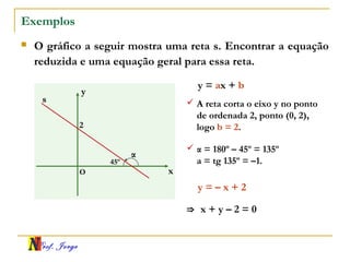 Prof. Jorge
Exemplos
 O gráfico a seguir mostra uma reta s. Encontrar a equação
reduzida e uma equação geral para essa reta.
x
y
O
s
45º
2
y = ax + b
 A reta corta o eixo y no ponto
de ordenada 2, ponto (0, 2),
logo b = 2.
 α = 180º – 45º = 135º
a = tg 135º = –1.
y = – x + 2
⇒ x + y – 2 = 0
α
 