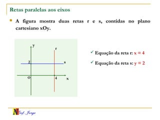 Prof. Jorge
Retas paralelas aos eixos
 A figura mostra duas retas r e s, contidas no plano
cartesiano xOy.
x
y
O 4
2
r
s
 Equação da reta r: x = 4
 Equação da reta s: y = 2
 