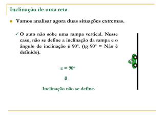 Inclinação de uma reta
 Vamos analisar agora duas situações extremas.
 O auto não sobe uma rampa vertical. Nesse
caso, não se define a inclinação da rampa e o
ângulo de inclinação é 90º. (tg 90º = Não é
definido).
α = 90o
⇓
Inclinação não se define.
 