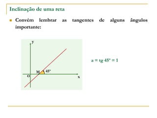 Inclinação de uma reta
 Convém lembrar as tangentes de alguns ângulos
importante:
a = tg 45º = 1
x
y
O
45º
M
 