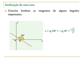 Inclinação de uma reta
 Convém lembrar as tangentes de alguns ângulos
importante:
a = tg 150º = – tg 30º =
x
y
O
150º
M
3
–√3
 