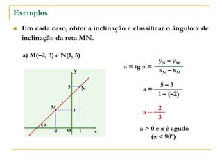 Exemplos
 Em cada caso, obter a inclinação e classificar o ângulo α de
inclinação da reta MN.
x
y
O
α
M
N
–2 1
3
5
xN – xM
yN – yM
a = tg α =
1 – (–2)
5 – 3
a =
3
2
a =
a > 0 e α é agudo
(α < 90º)
a) M(–2, 3) e N(1, 5)
 
