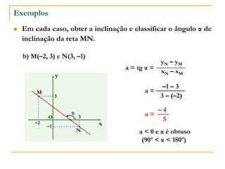 Exemplos
 Em cada caso, obter a inclinação e classificar o ângulo α de
inclinação da reta MN.
x
y
O
α
M
N
–2
3
3
xN – xM
yN – yM
a = tg α =
3 – (–2)
–1 – 3
a =
5
– 4
a =
a < 0 e α é obtuso
(90º < α < 180º)
b) M(–2, 3) e N(3, –1)
–1
 