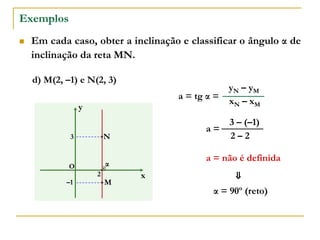 Exemplos
 Em cada caso, obter a inclinação e classificar o ângulo α de
inclinação da reta MN.
x
y
O
M
N
–1
2
3
xN – xM
yN – yM
a = tg α =
2 – 2
3 – (–1)
a =
a = não é definida
α = 90º (reto)
d) M(2, –1) e N(2, 3)
α
⇓
 