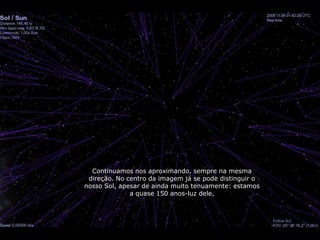 Continuamos nos aproximando, sempre na mesma
 direção. No centro da imagem já se pode distinguir o
nosso Sol, apesar de ainda muito tenuamente: estamos
              a quase 150 anos-luz dele.
 