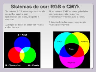 Sistemas de cor: RGB e CMYkSistemas de cor: RGB e CMYk
No sistema RGB as cores primárias são
vermelho, verde e azul
secundárias são ciano, magenta e
amarelo.
A junção de todas as cores-luz resulta
na luz branca.
Já no sistema CMY as cores primárias
são ciano, magenta e amarelo
secundárias vermelho, azul e verde.
A junção de todas as cores-pigmento
resulta na cor preta.
 