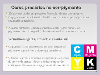 Cores primárias na cor-pigmentoCores primárias na cor-pigmento
 São as cores usadas em processos físicos de misturas de pigmentos.
 Os pigmentos cromáticos são classificados em três categorias: primários,
secundários e terciários.
 As cores primárias, também conhecidas como "cores puras", são
pigmentos naturais: vegetal (colorau) e mineral (cromo, cobalto etc.).
vermelho-magenta, amarelo e o azul-ciano.
 Os pigmentos são classificados em duas categorias:
pigmentos acromáticos e pigmentos cromáticos.
 O branco, o preto e os cinzas, produzidos pela mistura
do preto e do branco, são acromáticos porque não
contêm cor. Todos os outros pigmentos são cromáticos.
 