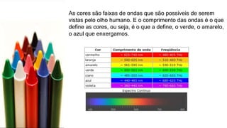 As cores são faixas de ondas que são possíveis de serem
vistas pelo olho humano. E o comprimento das ondas é o que
define as cores, ou seja, é o que a define, o verde, o amarelo,
o azul que enxergamos.
 