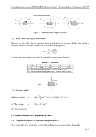Curso de Concreto Armado (NBR 6118/2003): Estudo das lajes - Professor Jefferson S. Camacho - UNESP
Pilar ou carga concentrada
2.dC
C’
2.dC
C’
C
C’
2.d
Figura 11 – Perímetro crítico em pilares internos
8.2.2 Pilar interno com efeito de momento
No caso em que , além da força vertical, existe transferência de momento da laje para o pilar, o
efeito de assimetria deve ser considerado, de acordo com a expressão:
.
. .
sd s
sd
p
F K M
d W d
τ
µ
= +
d
K – coeficiente que fornece a parcela de Msd transmitida ao pilar por cisalhamento;
Tabela 7 – Valores de K
C1/C2 0,5 1,0 2,0 3,0
K 0,45 0,60 0,70 0,80
C1 : é a dimensão do pilar paralela à excentricidade da força.
C2 : é a dimensão do pilar perpendicular à excentricidade da força.
C1
C2
excentr.
Nsd
Pilar
7.2.2.1 Valores de Wp:
i) Pilar retangular →
2
1 2
1 2 2 1. 4. . 16. 2. . .
2
p
C
W C C C d d dπ= + + + + C
ii) Pilar circular → ( )
2
4.pW D d= +
D – diâmetro do pilar.
8.3 Tensão Resistente nas Superfícies Críticas
8.3.1 Compressão diagonal do concreto: superfície crítica C
Essa verificação deve ser feita no contorno C, em lajes com ou sem armadura de punção.
34-59
 