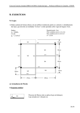 Curso de Concreto Armado (NBR 6118/2003): Estudo das lajes - Professor Jefferson S. Camacho - UNESP
9. EXERCÍCIOS
9.1 Lajes
1) Dada a planta de formas abaixo, de um edifício residencial, pede-se o cálculo e o detalhamento
das lajes, que deverão ser moldadas “in-loco” e estão apoiadas sobre vigas de largura 15cm.
Dados:
fck = 20MPa
CA-60
qk = 1,5 kN/m2
Regularização: 3cm
Piso: cerâmico em L1, L2 e L6
Piso: madeira em L3, L4 e L5
d’= 2,5cm
a) Armaduras de Flexão
i) Esquema estático:
Processo de Marcus não se aplica (Laje em balanço).
Laje armada em 1 direção (x).
V4
V3
V6
V2
V5
V7
V1
y
x
L1
P3 P4
P2
P1
L2
L1 125cm
L3 300cm
L4 300cm
250cm 400cm
L5
L6 140cm
200cm
38-59
 
