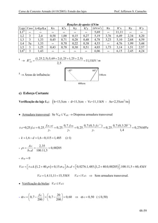 Curso de Concreto Armado (6118/2003): Estudo das lajes Prof. Jefferson S. Camacho
Reações de apoio: kN/m
Laje Caso λ=Ly/Lx Kx K'x Ky K'y (kN/m2
) Rx R’x Ry R’y
L11
-- -- -- -- -- -- 5,69 -- 11,11 -- --
L2 3 2,4 0,58 1,00 0,15 0,27 5,19 3,76 6,49 2,34 4,20
L3 3 1,33 0,45 0,71 0,28 0,48 4,78 3,23 5,10 2,68 4,59
L4 5a 1,33 -- 0,70 0,22 0,38 4,53 -- 4,76 1,99 3,44
L5 3 1,25 0,43 0,78 0,30 0,51 4,03 1,73 3,14 1,51 2,57
L62
3 1,43 -- -- -- -- 6,06 -- 6,15 2,45 4,24
1
→ 1
(1,25.2,5).5,69 2.(1,25 1,25 2,5)
' 1
2,5
x
L 1,11 /R kN m
+ + +
= =
140cm
400cm
45° 60°
2
→ Áreas de influência:
c) Esforço Cortante
Verificação da laje L1: ( )2
kh=13,5cm - d=11,5cm - V =11,11kN - As=2,35cm /m
• Armadura transversal: Se Vsd ≤ Vrd1 → Dispensa armadura transversal
2 / 3 2 / 3
, inf 0,7. 0,7.(0,3. ) 0,7.(0,3.20 )
=0,25. 0,25. 0,25. 0,25. 0,25. 0,276
1,4
ctk ctm ck
rd ctd
c c c
f f f
f MPaτ
γ γ γ
= = = = =
- 1,6 1,6 0,115 1,485 ( 1)k d= − = − = ≥
-
1
1
2,35
0,00205
. 100.11,5
s
w
A
b d
ρ = = =
- 0cpσ =
( ) ( )1 1. . 1,2 40. 0,15. . . 0,0276.1,485. 1,2 40.0,00205 .100.11,5 60,43rd rd cp wV k b dτ ρ σ⎡ ⎤ ⎡ ⎤= + + = + =⎣ ⎦ ⎣ ⎦ kN
= = 11,4.11,11 15,55sdV kN sd rdVV < ⇒ Sem armadura transversal.
• Verificação da bielas: 2sd rdV V≤
- 1 1
20
0,7 0,7 0,60 0,50 ( 0,50)
200 200
ck
v v
f
α α⎛ ⎞ ⎛ ⎞
= − = − = ⇒ = ≤⎜ ⎟ ⎜ ⎟
⎝ ⎠ ⎝ ⎠
48-59
 