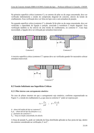 Curso de Concreto Armado (NBR 6118/2003): Estudo das lajes - Professor Jefferson S. Camacho - UNESP 
Na primeira superfície crítica (contorno C), no entorno do pilar ou da carga concentrada, deve ser verificada indiretamente a tensão de compressão diagonal do concreto, através da tensão de cisalhamento. Essa verificação deve ser feita em lajes com e sem armadura de punção. 
Na segunda superfície crítica (contorno C’), afastada 2d do pilar ou da carga concentrada, deve ser verificada a capacidade da ligação à punção, associada à resistência à tração diagonal. Essa verificação também se faz através de uma tensão de cisalhamento, no contorno C’. Caso haja necessidade, a ligação deve ser reforçada por armadura transversal. 
2d 
Contorno C Contorno C’ 
A terceira superfície crítica (contorno C”) apenas deve ser verificada quando for necessário colocar armadura transversal. 
Contorno C” 
2d 
8.2 Tensão Solicitante nas Superfícies Críticas 
8.2.1 Pilar interno com carregamento simétrico 
No caso de pilares internos em que o carregamento seja simétrico, conforme esquematizado na Figura 11, a tensão de cisalhamento (τsd) que atua no contorno C’ pode ser expressa por: . sdsdFd τμ = ; 2xyddd+ = 
d – altura útil média da laje no contorno C’; 
dx,dy – altura útil da laje nas direções x e y; 
μ - perímetro do contorno C’; 
Fsd – força ou reação concentrada, de cálculo. 
A força de punção Fsd pode ser reduzida da força distribuída aplicada na face posta da laje, dentro do contorno considerado na verificação, C ou C’. 
33-59 
 
