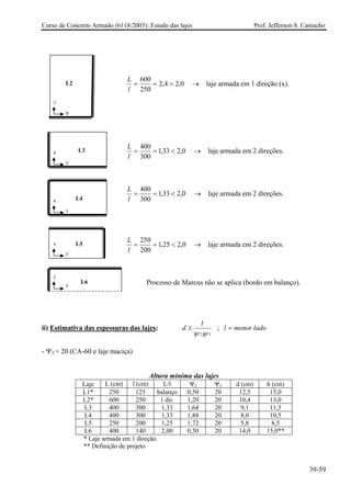 Curso de Concreto Armado (6118/2003): Estudo das lajes Prof. Jefferson S. Camacho 
0,24,2250600>== lL → laje armada em 1 direção (x). 0,233,1300400<== lL → laje armada em 2 direções. 0,233,1300400<== lL → laje armada em 2 direções. 0,225,1200250<== lL → laje armada em 2 direções. 
Processo de Marcus não se aplica (bordo em balanço). 
ii) Estimativa das espessuras das lajes: ladomenorlld ; .32=≥ ψψ 
- Ψ3 = 20 (CA-60 e laje maciça) 
Altura mínima das lajes 
Laje 
L (cm) 
l (cm) 
L/l 
Ψ2 
Ψ3 
d (cm) 
h (cm) 
L1* 
250 
125 
balanço 
0,50 
20 
12,5 
15,0 
L2* 
600 
250 
1 dir. 
1,20 
20 
10,4 
13,0 
L3 
400 
300 
1,33 
1,64 
20 
9,1 
11,5 
L4 
400 
300 
1,33 
1,88 
20 
8,0 
10,5 
L5 
250 
200 
1,25 
1,72 
20 
5,8 
8,5 
L6 
400 
140 
2,00 
0,50 
20 
14,0 
15,0** 
* Laje armada em 1 direção. 
** Definição de projeto 
x 
y 
L6 
y 
x 
L5 
y 
x 
L3 
y 
x 
L4 
x 
y 
L2 
39-59 
 