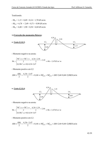 Curso de Concreto Armado (6118/2003): Estudo das lajes Prof. Jefferson S. Camacho 
Totalizando: 
- Mxr = 1,15 + 0,49 + 0,14 = 1,78 kN.m/m 
- Mexr = 6,78 + 2,49 + 0,71 = 9,98 kN.m/m 
- Mey = 4,40 + 1,90 + 0,54 = 6,84 kN.m/m 
v) Correção dos momentos fletores: 
2,50 
4,34 
2,44 
1,13 
L3y 
L2x 
• Corte L2-L3: 
- Momento negativo na aresta: xye(2)e(3) eexe(L2) MM4,342,503,42MM220,8.M=0,8.4,34=3,47LLkNmm⎧++ ==⎪>→⎨⎪⎩ 
= 3, 47 . / 
- Momento positivo em L2: exx(L2)(L2) M4,343,47M0,44MMM=2,44+0,44=2,88kN.m/m22Δ− Δ≅==⇒=+Δ 
• Corte L2-L4: 
- Momento negativo na aresta: 
1,34 
4,34 
2,44 
0,68 
L4y 
L2x xye(2)e(4) eexe(L2) MM4,341,342,84MM220,8.M=0,8.4,34=3,47LLkNmm⎧++ ==⎪>→⎨⎪⎩ 
= 3, 47 . / 
- Momento positivo em L2: exx(L2)(L2) M4,343,47M0,44MMM=2,44+0,44=2,88kN.m/m22Δ− Δ≅==⇒=+Δ 
42-59 
 