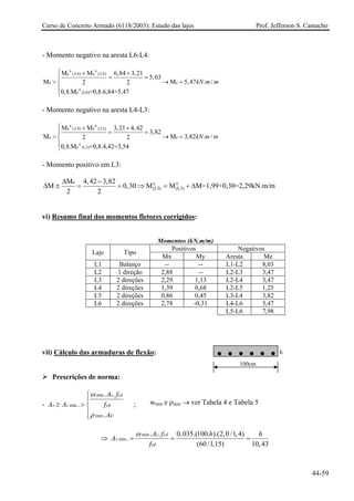 Curso de Concreto Armado (6118/2003): Estudo das lajes Prof. Jefferson S. Camacho 
- Momento negativo na aresta L6-L4: xxe(6)e(4) eexe(L6) MM6,843,215,03MM220,8.M=0,8.6,84=5,47LLkNmm⎧++ ==⎪>→⎨⎪⎩ 
= 5, 47 . / 
- Momento negativo na aresta L4-L3: xxe(4)e(3) eexe(L3) MM3,214,423,82MM220,8.M=0,8.4,42=3,54LLkNmm⎧++ ==⎪>→⎨⎪⎩ 
= 3,82 . / 
- Momento positivo em L3: exx(L3)(L3) M4,423,82M0,30MMM=1,99+0,30=2,29kN.m/m22Δ− Δ≅==⇒=+Δ 
vi) Resumo final dos momentos fletores corrigidos: 
Momentos (kN.m/m) 
Positivos 
Negativos 
Laje 
Tipo 
Mx 
My 
Aresta 
Me 
L1 
Balanço 
-- 
-- 
L1-L2 
8,03 
L2 
1 direção 
2,88 
-- 
L2-L3 
3,47 
L3 
2 direções 
2,29 
1,13 
L2-L4 
3,47 
L4 
2 direções 
1,39 
0,68 
L2-L5 
1,25 
L5 
2 direções 
0,86 
0,45 
L3-L4 
3,82 
L6 
2 direções 
2,78 
-0,31 
L4-L6 
5,47 
L5-L6 
7,98 
vii) Cálculo das armaduras de flexão: 
¾ Prescrições de norma: 
- minminmin.. . . ccdydssAffAAAc ωρ ⎧⎪ ≥>⎨⎪⎩ ; 
h 
100cm 
wmin e ρmin → ver Tabela 4 e Tabela 5 
⇒ minmin..0,035.(100.).(2,0/1,4). (60/1,15)10,43ccdsydAfhhAf ω === 
44-59 
 