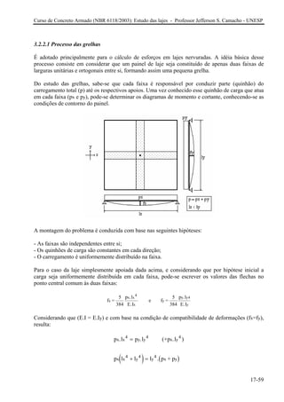Curso de Concreto Armado (NBR 6118/2003): Estudo das lajes - Professor Jefferson S. Camacho - UNESP
3.2.2.1 Processo das grelhas
É adotado principalmente para o cálculo de esforços em lajes nervuradas. A idéia básica desse
processo consiste em considerar que um painel de laje seja constituído de apenas duas faixas de
larguras unitárias e ortogonais entre si, formando assim uma pequena grelha.
Do estudo das grelhas, sabe-se que cada faixa é responsável por conduzir parte (quinhão) do
carregamento total (p) até os respectivos apoios. Uma vez conhecido esse quinhão de carga que atua
em cada faixa (px e py), pode-se determinar os diagramas de momento e cortante, conhecendo-se as
condições de contorno do painel.
A montagem do problema é conduzida com base nas seguintes hipóteses:
- As faixas são independentes entre si;
- Os quinhões de carga são constantes em cada direção;
- O carregamento é uniformemente distribuído na faixa.
Para o caso da laje simplesmente apoiada dada acima, e considerando que por hipótese inicial a
carga seja uniformemente distribuída em cada faixa, pode-se escrever os valores das flechas no
ponto central comum às duas faixas:
f =
5
384
p .l
E.I
e f =
5
384
p .l
E.I
x
x x
4
x
y
y y
y
4
Considerando que (E.I = E.Iy) e com base na condição de compatibilidade de deformações (fx=fy),
resulta:
( ) ( )
p .l p .l (+p .l
p l l l . p + p
x x
4
y y
4
x y
4
x x
4
y
4
y
4
x y
=
+ =
)
17-59
 