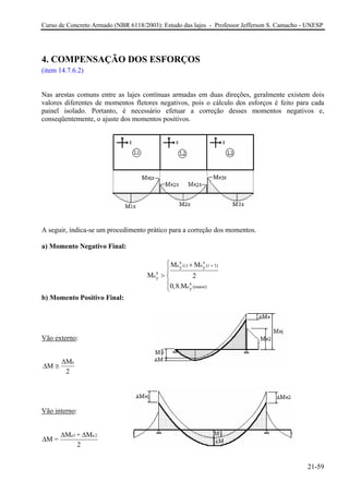 Curso de Concreto Armado (NBR 6118/2003): Estudo das lajes - Professor Jefferson S. Camacho - UNESP
4. COMPENSAÇÃO DOS ESFORÇOS
(item 14.7.6.2)
Nas arestas comuns entre as lajes contínuas armadas em duas direções, geralmente existem dois
valores diferentes de momentos fletores negativos, pois o cálculo dos esforços é feito para cada
painel isolado. Portanto, é necessário efetuar a correção desses momentos negativos e,
conseqüentemente, o ajuste dos momentos positivos.
A seguir, indica-se um procedimento prático para a correção dos momentos.
a) Momento Negativo Final:
x x
e ( ) e ( 1)y y
x
ey
x
e (maior)y
M M
M 2
0,8.M
i i +⎧ +
⎪
> ⎨
⎪
⎩
b) Momento Positivo Final:
Vão externo:
∆
∆
M
M
2
e
≅
Vão interno:
∆
∆ ∆
M =
M + Me1 e2
2
21-59
 