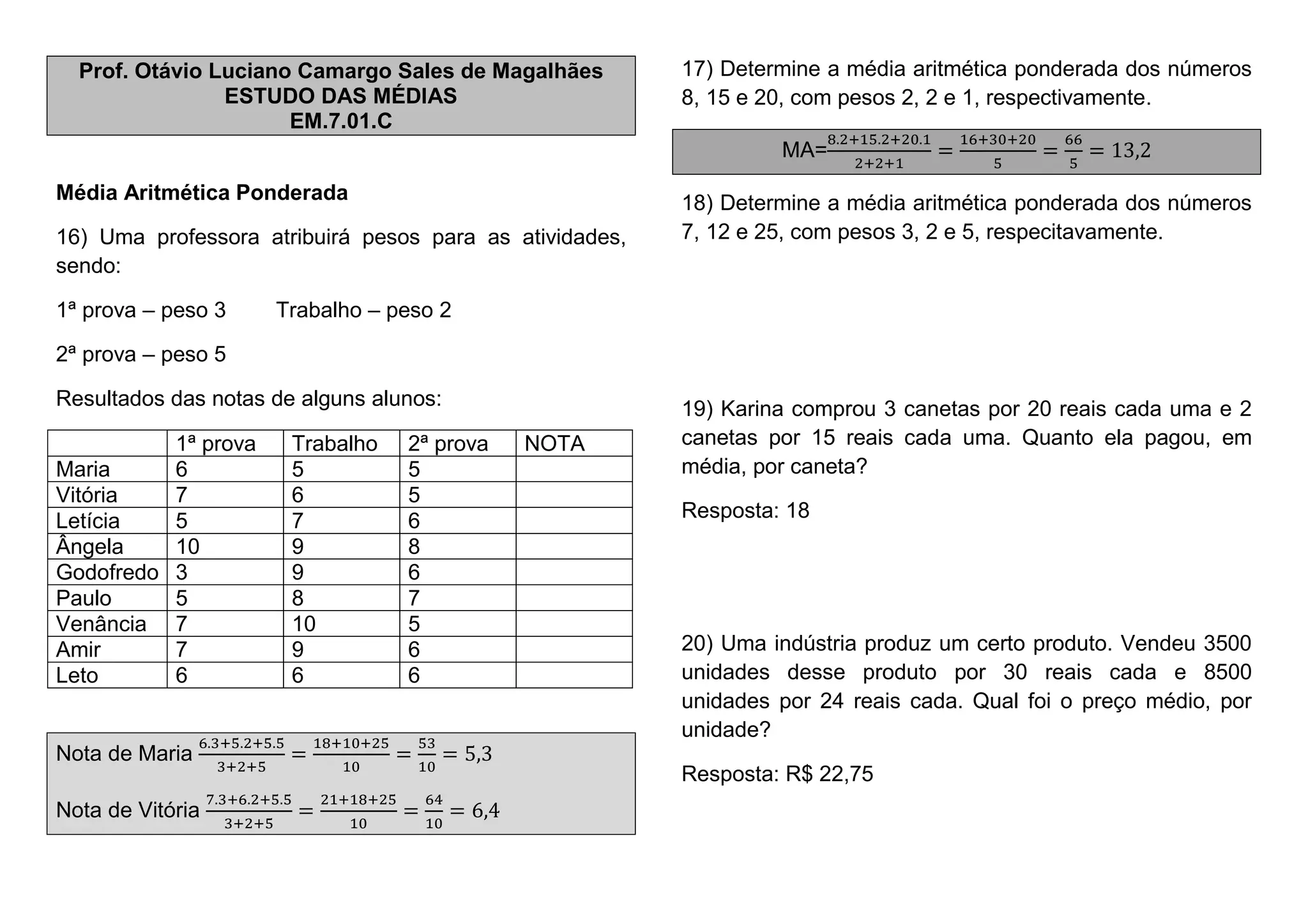 MÉDIA ARITMÉTICA SIMPLES E PONDERADA | PDF