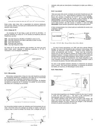 Estas ondas, além disso, têm a capacidade de contornar obstáculos
como árvores, edifícios, de modo que é relativamente fácil captá-las num
aparelho rádio-receptor.
8.2.2 - Ondas de TV
As emissões de TV são feitas a partir de 5x107 Hz (50 MHz) . É
costume classificar as ondas de TV em bandas de freqüência (faixa de
freqüência), que são:
VHF : very high frequency (54 MHz à 216 MHZ è canal 2 à 13)
UHF : ultra-high frequency (470 MHz à 890 MHz è canal 14 à 83)
SHF : super-high frequency
EHF : extremely high frequency
VHFI : very high frequency índex
As ondas de TV não são refletidas pela ionosfera, de modo que para
estas ondas serem captadas a distâncias superiores a 75 Km é
necessário o uso de estações repetidoras.
8.2.3 - Microondas
Microondas correspondem à faixa de mais alta freqüência produzida
por osciladores eletrônicos. Freqüências mais altas que as microondas
só as produzidas por oscilações moleculares e atômicas.
As microondas são muito utilizadas em telecomunicações. As ligações
de telefone e programas de TV recebidos "via satélite" de outros países
são feitas com o emprego de microondas.
As microondas também podem ser utilizadas para funcionamento de um
radar. Uma fonte emite uma radiação que atinge um objeto e volta para
o ponto onde a onda foi emitida. De acordo com a direção em que a
radiação volta pode ser descoberta a localização do objeto que refletiu a
onda.
8.2.4 - Luz visível
Note que nosso olho só tem condições de perceber freqüências que vão
de 4,3 x 1014
Hz a 7 x 1014
, faixa indicada no espectro como luz visível.
Nosso olho percebe a freqüência de 4,3x1014
como a cor vermelha.
Freqüências abaixo desta não são visíveis e são chamados de raios
infravermelhos , que apresentam algumas aplicações práticas.
A freqüência de 7x1014
é vista pelo olho como cor violeta. Freqüências
acima desta também não são visíveis e recebem o nome de raios
ultravioleta. Essas também apresentam algumas aplicações práticas.
A faixa correspondente à luz visível pode ser subdividida de acordo com
o espectro a abaixo.
8.2.5 - Raios X
Os raios X foram descobertos, em 1895, pelo físico alemão Wilhelm
Röntgen. Os raios X têm freqüência alta e possuem muita energia. São
capazes de atravessar muitas substâncias embora sejam detidos por
outras, principalmente pelo chumbo. Esses raios são produzidos
sempre que um feixe de elétrons dotados de energia incidem sobre um
obstáculo material. A energia cinética do feixe incidente é parcialmente
transformada em energia eletromagnética, dando origem aos raios X.
Os raios X são capazes de impressionar uma chapa fotográfica e são
muito utilizados em radiografias, já que conseguem atravessar a pele e
os músculos da pessoa, mas são retidos pelos ossos.
Os raios X são também bastante utilizados no tratamento de doenças
como o câncer. Têm ainda outras aplicações: na pesquisa da estrutura
da matéria, em Química, em Mineralogia e outros ramos.
8.2.6 - Raios Gama
As ondas eletromagnéticas com freqüência acima da dos raios X recebe
o nome de raios gama (g ). Os raios g são produzidos por
desintegração natural ou artificial de elementos radioativos.
Um material radioativo pode emitir raios g durante muito tempo, até
atingir uma forma mais estável. Raios g de alta energia podem ser
observados também nos raios cósmicos que atingem a alta atmosfera
terrestre em grande quantidade por segundo.
6
 