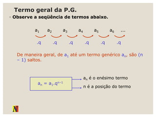 Termo geral da P.G.
◦ Observe a seqüência de termos abaixo.
a1 a2 a3 a4 a5 a6 ...
.q .q .q .q .q .q
De maneira geral, de a1 até um termo genérico an, são (n
– 1) saltos.
an = a1.qn–1
an é o enésimo termo
n é a posição do termo
 